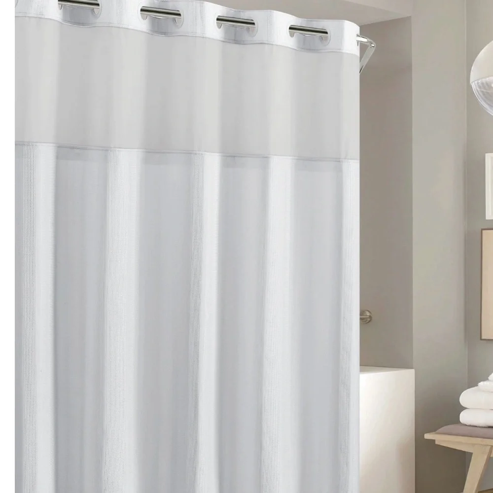 Hookless Waffle Stripe 2-in-1 Shower Curtain Sheer Top Window Flex-on Rings